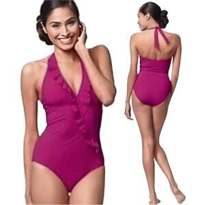 Assets by Spanx Ruffled Swimsuit One Piece Halter Faux Wrap Magenta Pink Small